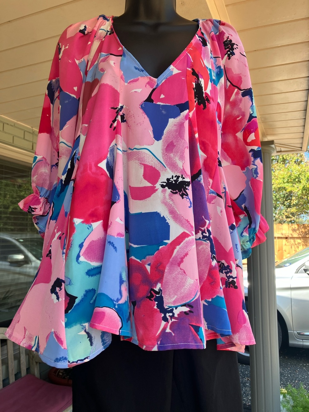 Umgee Pink Multi-Color Floral V-Neck Tunic